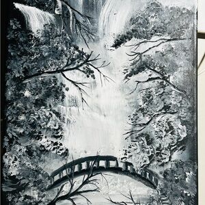 Black and White Forest Waterfall Painting